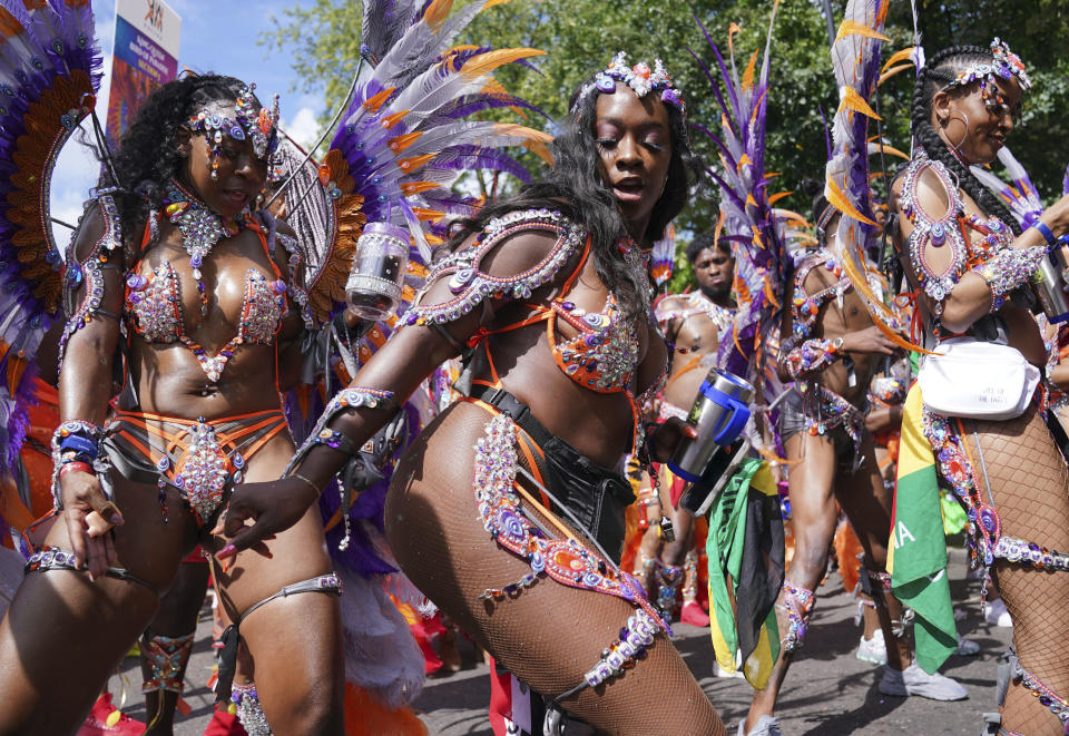 Performers taking part in the adults parade, part of the Notting Hill Carnival celebration in London, Monday, Aug. 28, 2023. (Lucy North/PA via AP)