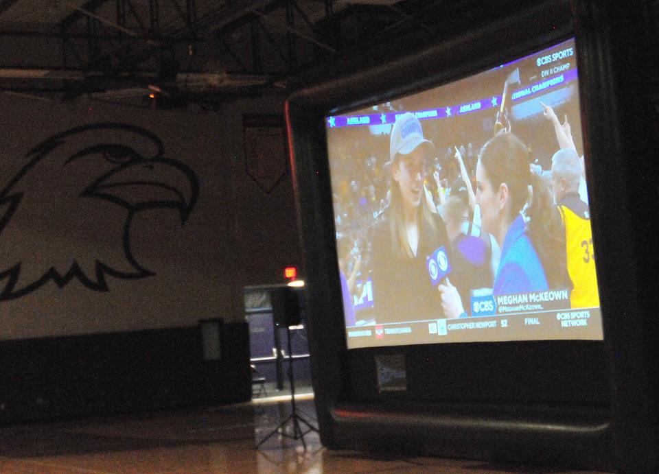 The large crowd watches from Ashland University as head coach Kari Pickens is interviewed following Saturday’s win in Dallas.