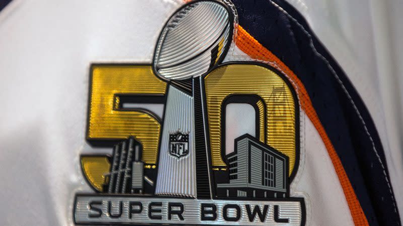 A Super Bowl 50 logo is stitched on a Denver Broncos uniform during the NFL Experience exhibition ahead of Super Bowl 50 in Feb. 2016. (Jason O. Watson/Getty Images)