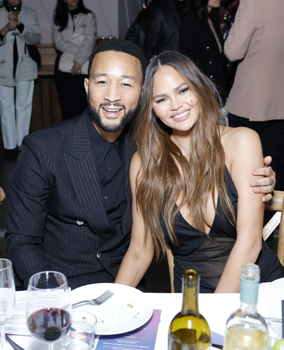 WEST HOLLYWOOD, CALIFORNIA - MARCH 06: (L-R) John Legend and Chrissy Teigen attend the 2024 Green Carpet Fashion Awards at 1 Hotel West Hollywood on March 06, 2024 in West Hollywood, California.  (Photo by Stefanie Keenan/Getty Images for Green Carpet Fashion Awards)
