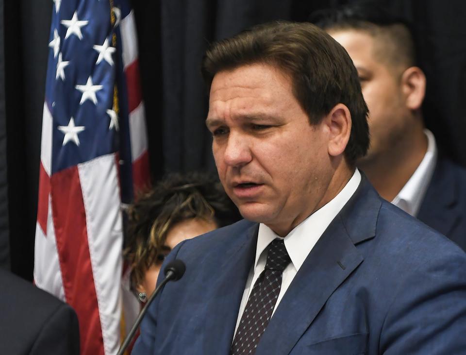 <span>Florida Gov. Ron DeSantis speaks at a press conference on June 30, 2022.</span> <span><a href="https://www.gettyimages.com/detail/news-photo/florida-governor-ron-desantis-speaks-at-a-press-conference-news-photo/1241638095?adppopup=true" rel="nofollow noopener" target="_blank" data-ylk="slk:Paul Hennessy/SOPA Images/LightRocket via Getty Images;elm:context_link;itc:0;sec:content-canvas" class="link ">Paul Hennessy/SOPA Images/LightRocket via Getty Images</a></span>