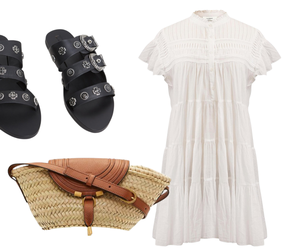 Black sandals, cream dress, straw beach bag