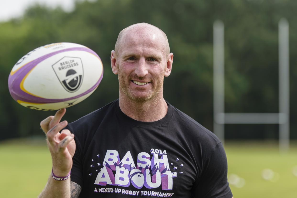 Welsh rugby player Gareth Thomas poses during a training with the Berlin Bruisers on May 23, 2014 in Berlin. Founded in April 2012, the Bruisers have already attracted plenty of support from Berlin's gay community with 500 members and 35 active players training three times a week. AFP PHOTO / CLEMENS BILAN        (Photo credit should read CLEMENS BILAN/AFP/Getty Images)