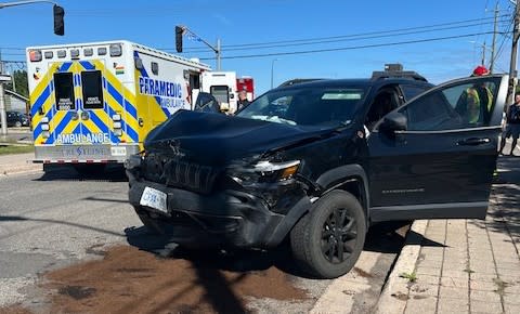 The aftermath of a two-vehicle collision that took place at the intersection of Albert and Elgin Street Friday morning. Two people were sent to the hospital with minor injuries as a result, police say.