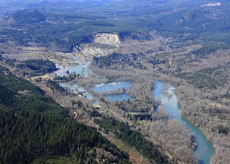 The hillside which collapsed and produced a March 22, 2014 mudslide near Oso, Washington, is seen in this March 23, 2014 handout photo from Governor Jay Inslee's office. REUTERS/Gov. Jay Inslee's Office/Handou