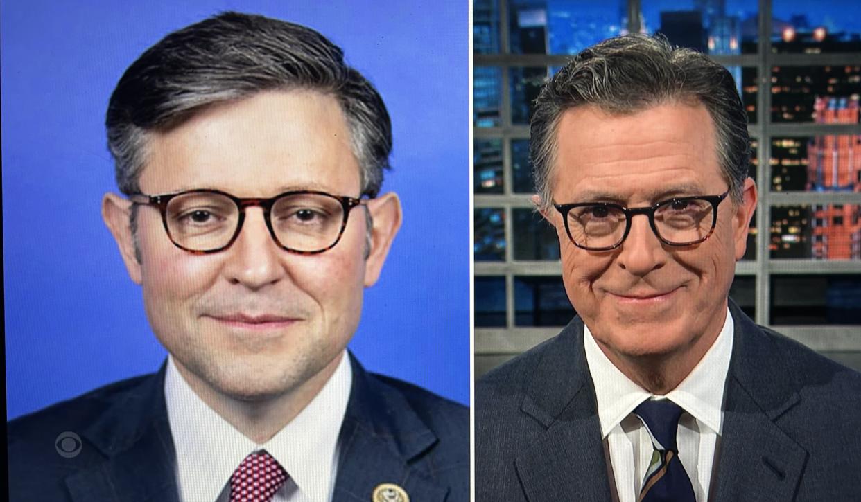 Mike Johnson and his doppelganger Stephen Colbert.