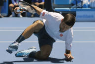 Serbia's Novak Djokovic falls onto the court during his Men's singles second round match against Uzbekistan's Denis Istomin. REUTERS/Jason Reed