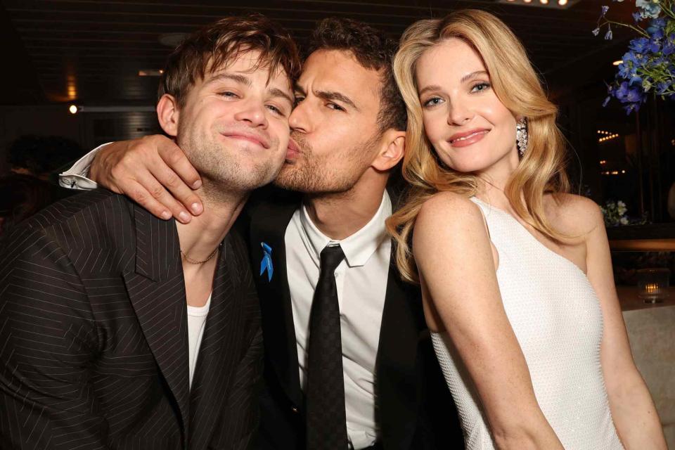 <p>Chelsea Lauren/Shutterstock</p> From left: Leo Woodall, Theo James and Meghann Fahy at the 29th Annual Screen Actors Guild Awards in L.A. on Feb. 26, 2023