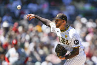 San Diego Padres starting pitcher Joe Musgrove (44) delivers during the first inning of a baseball game against the St. Louis Cardinals, Wednesday, April 3, 2024, in San Diego. (AP Photo/Denis Poroy)