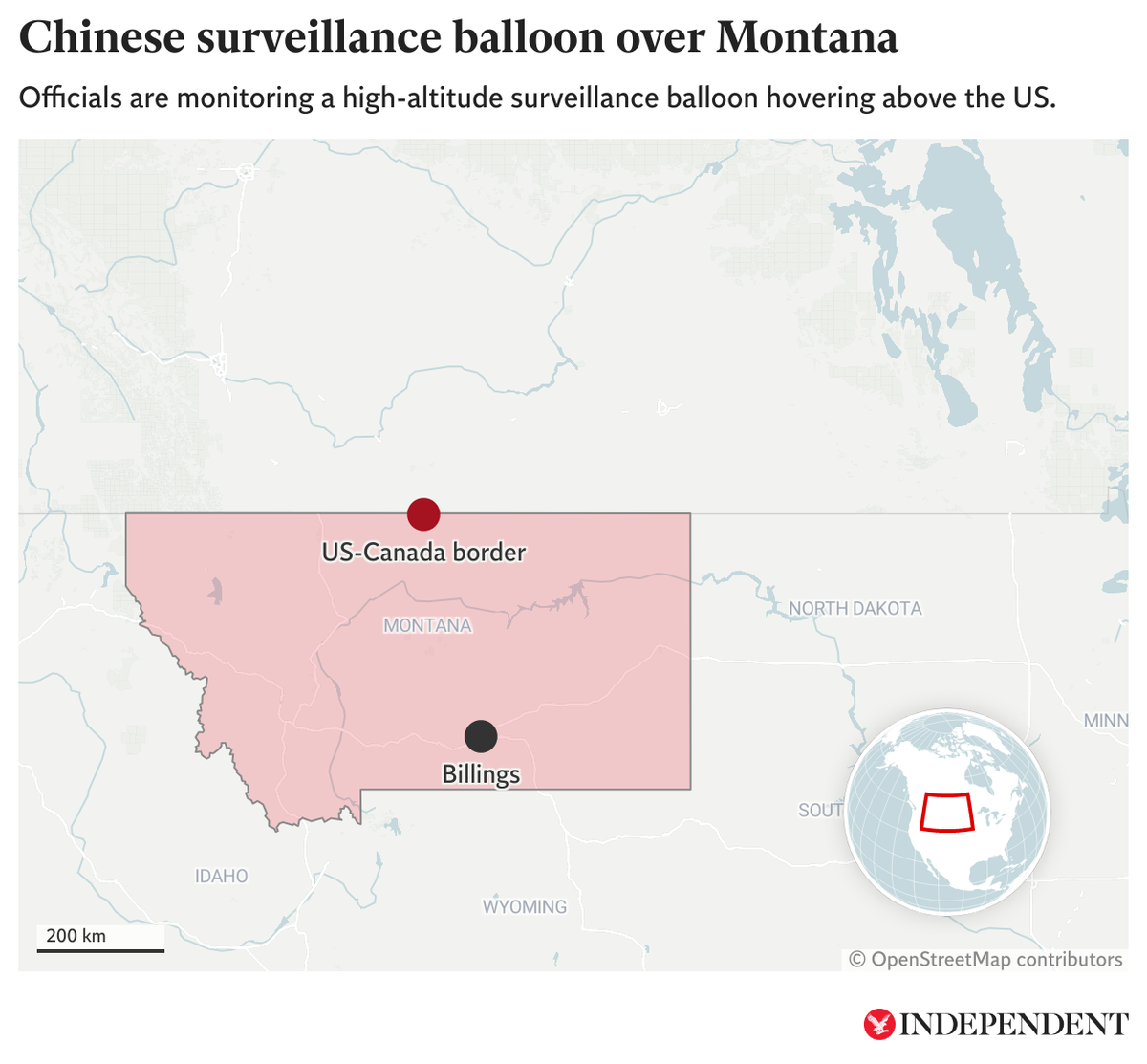 A map showing reported sighting of an alleged Chinese surveillance balloon over US airspace (The Independent)