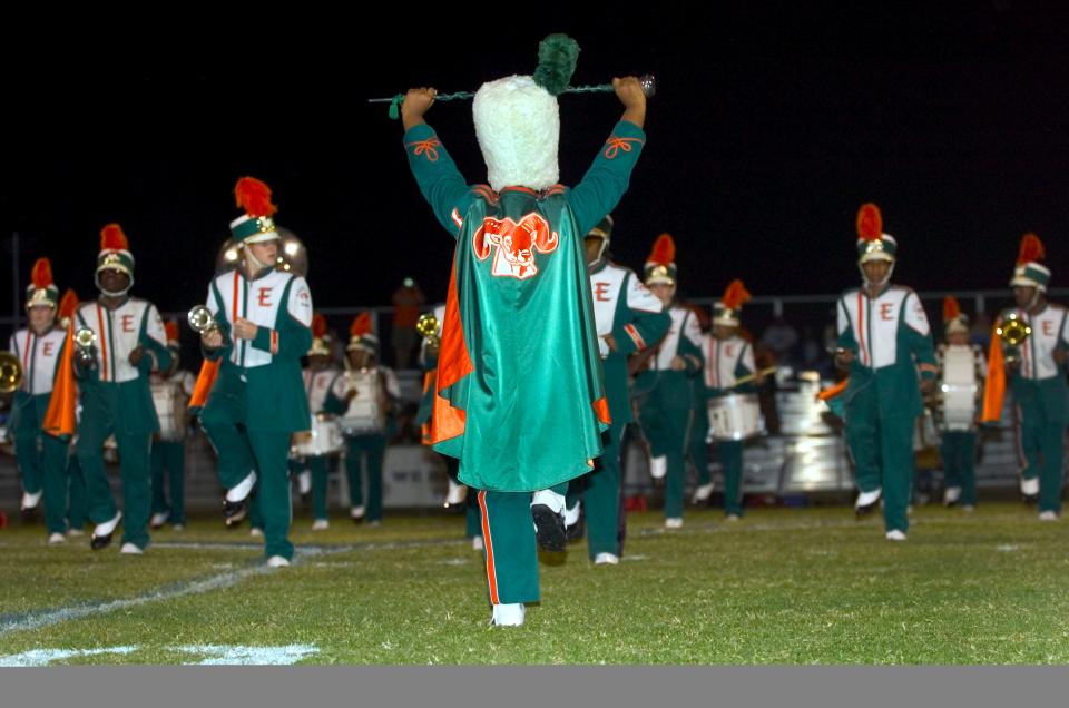 This photo from the 2006 Eastside High School football season shows the school's band performing a traditional show band style routine made famous by bands at historically Black colleges and universities.