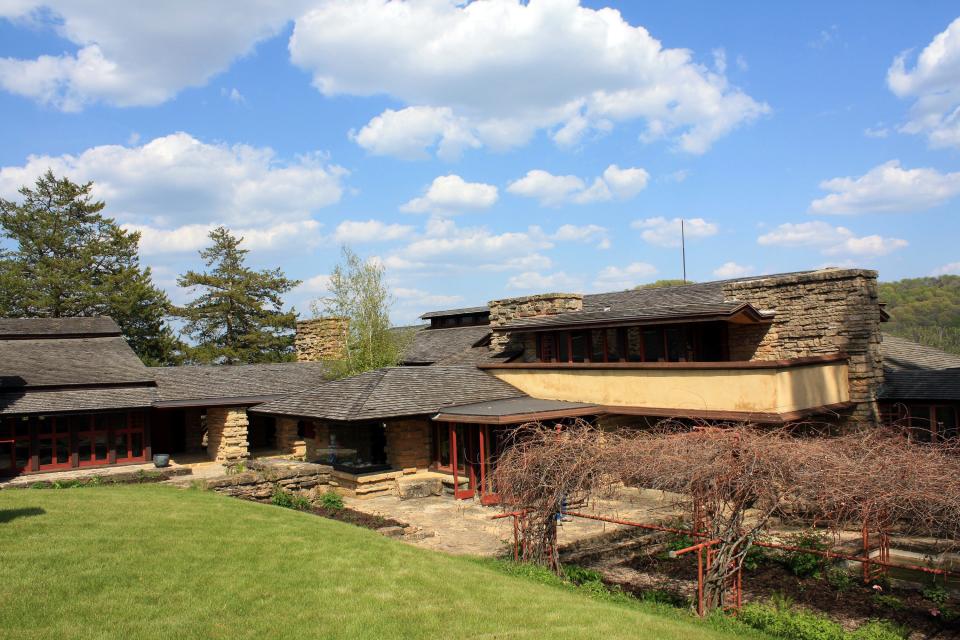 Wisconsin architect Frank Lloyd Wright built Taliesin, which means "shining brow" in Welsh, just below the brow of a hill in the rolling countryside outside of Spring Green.