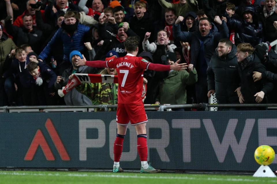 Middlesbrough's Hayden Hackney celebrates against Chelsea <i>(Image: Tom Banks)</i>