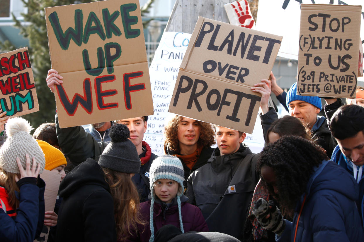 Swedish climate change activist Greta Thunberg takes part in a climate strike protest during the 50th World Economic Forum (WEF) annual meeting in Davos, Switzerland