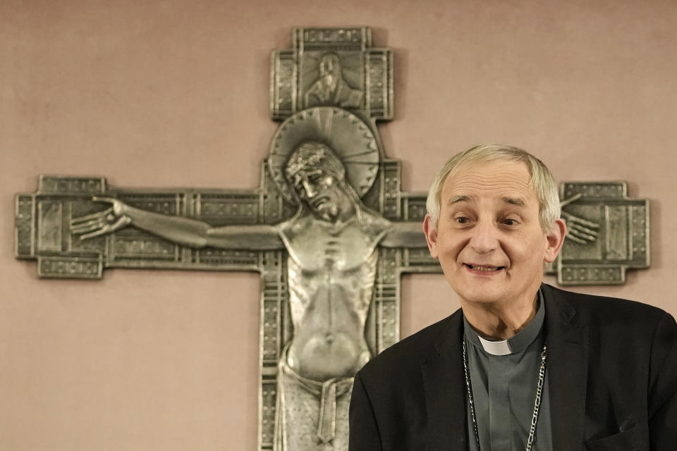 FILE - Cardinal Matteo Zuppi, the new head of the Italian bishops conference, arrives for a press conference in Rome, Friday, May 27, 2022. Italy’s Catholic bishops on Thursday, Nov. 17, 2022 provided their first-ever accounting of clergy sexual abuse, but Italy's main survivor advocate said it was “shamefully” inadequate given it only covered reports to church authorities over the last two years and omitted documentary research into church archives. (AP Photo/Alessandra Tarantino, File)