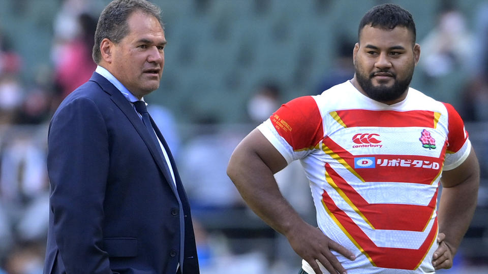 Dave Rennie and Taniela Tupou, pictured here after the Wallabies' win over Japan.