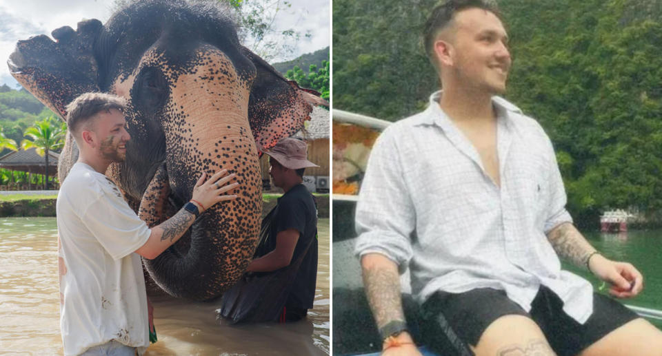 Tourist Jack Heathcock with an elephant in Thailand and Jack on a boat. 
