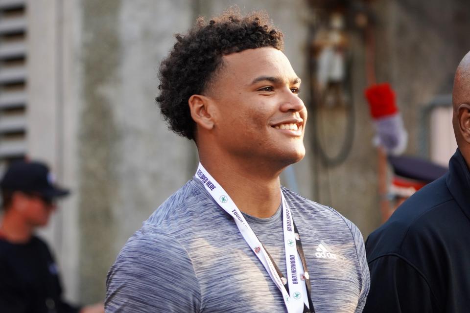 Berkeley Prep edge rusher Keon Keeley attends the Ohio State, Wisconsin game.