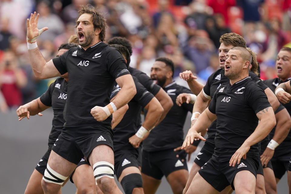 New Zealand's captain Sam Whitelock, left, leads the haka ahead of the rugby international between the All Blacks and the USA Eagles at FedEx Field in Landover, Md., Saturday, Oct. 23, 2021. (AP Photo/Alex Brandon)