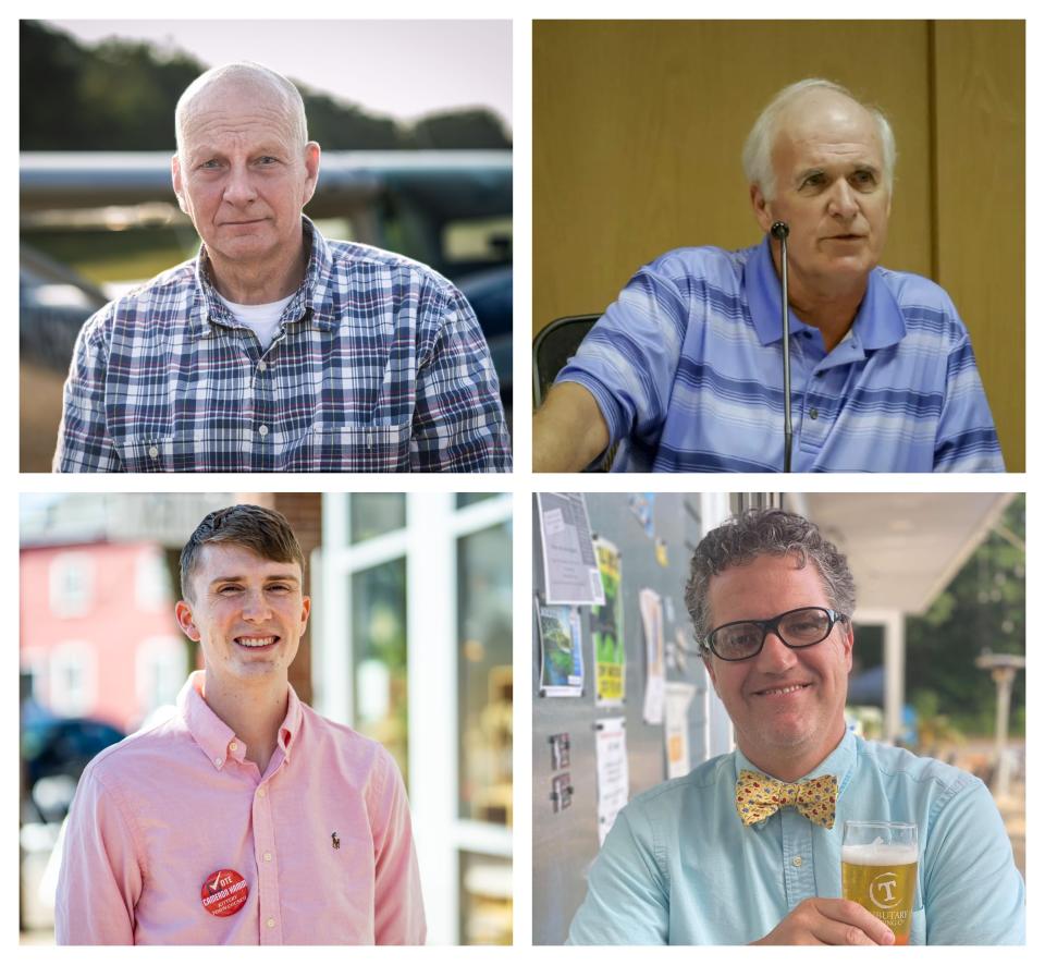 Clockwise, from top left: Former Kittery Town Council members Charles Denault and Kenneth Lemont are running for election back onto the Town Council in the November town and state election. The two both resigned from the Town Council days apart from each other in March 2021. Newcomer H. Scott Mason, a member of the Kittery Port Authority and the town's Economic Development Committee is also running, and incumbent Town Councilor Cameron Hamm has filed for re-election. The four are competing for two available seats on the ballot.