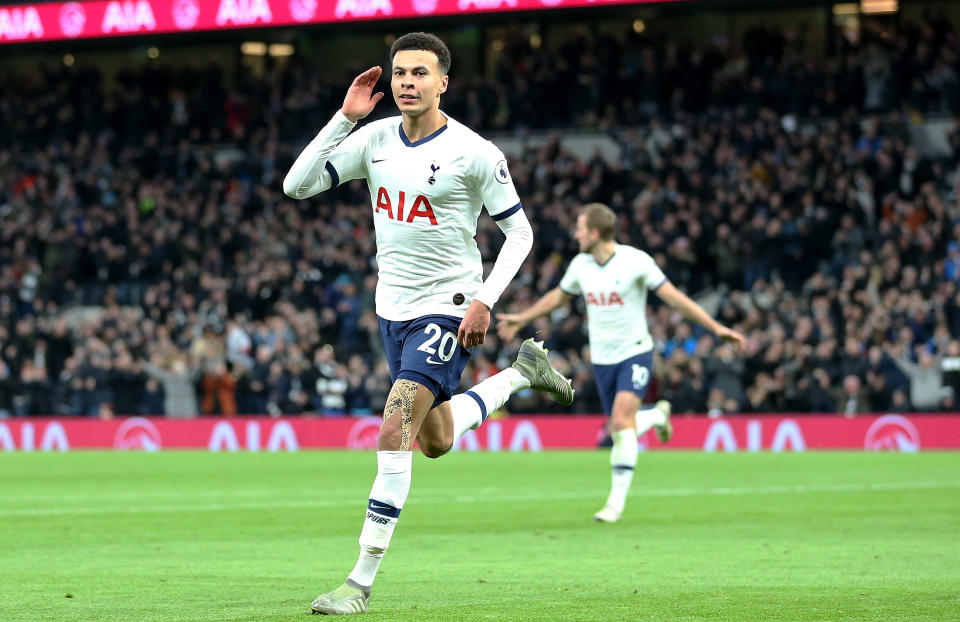 Tottenham Hotspur's Dele Alli celebrates scoring his side's second goal of the game Tottenham Hotspur v AFC Bournemouth - Premier League - Tottenham Hotspur Stadium 30-11-2019 . (Photo by  Steven Paston/EMPICS/PA Images via Getty Images)