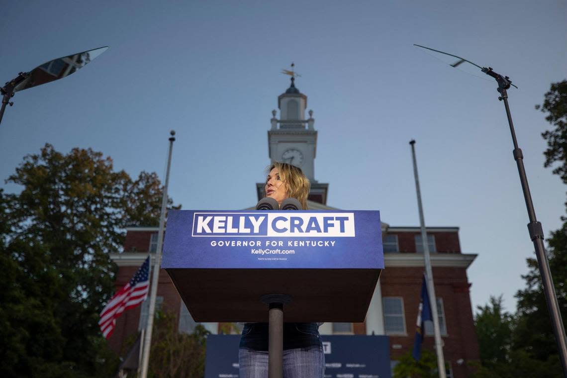Kelly Craft speaks at her Campaign Kick Off for Governor of Kentucky outside the Barren County Courthouse in Craft’s hometown of Glasgow, Ky., on Tuesday, Sept. 13, 2022.