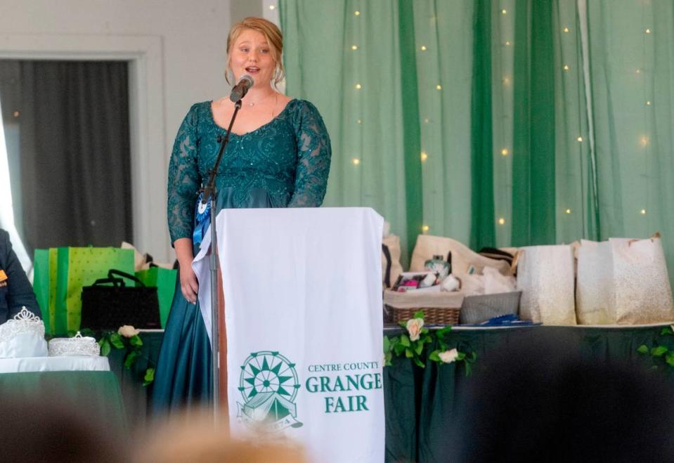 Teaghan Bair gives her speech during the Centre County Grange Fair Queen coronation on Wednesday, Aug. 16, 2023.
