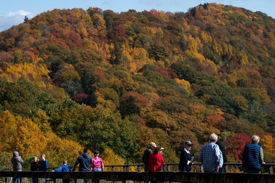 Tourists view the fall foliage from the Swinging Bridge Quiet Walkway trailhead in the Great Smoky Mountains National Park on Tuesday, Oct. 11, 2022.