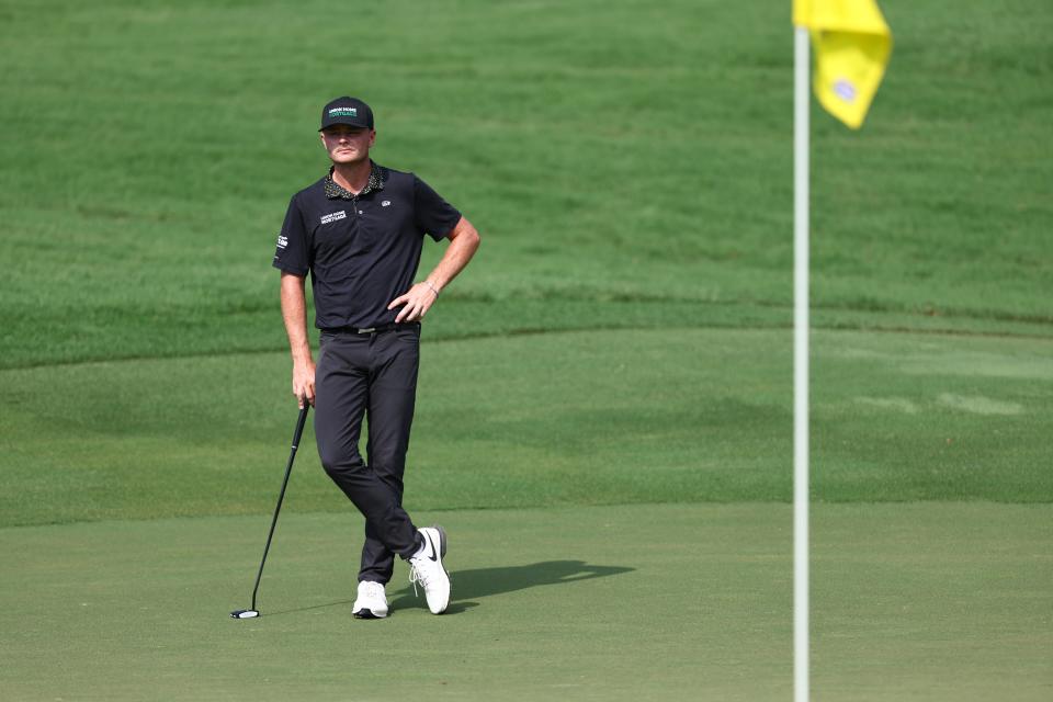 Luke Clanton looks on at second green during the final round of the 2024 Wyndham Championship at Sedgefield Country Club. (David Jensen/Getty Images)