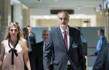 Syrian Ambassador to the United Nations and head of the government delegation Bashar al-Jaafari arrives for a new round of negotiations with UN Special Envoy of the Secretary-General for Syria Staffan de Mistura (not pictured), during the intra-Syrian talks, at Palais des Nations in Geneva, Switzerland, 14 July 2017. REUTERS/Xu Jinquan/Pool