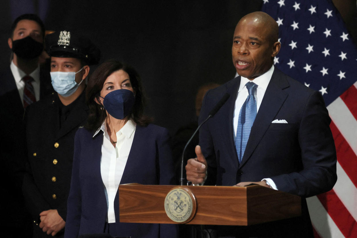 New York City Mayor Eric Adams speaks during a news conference at Fulton St. subway station in New York (Brendan McDermid/Reuters)