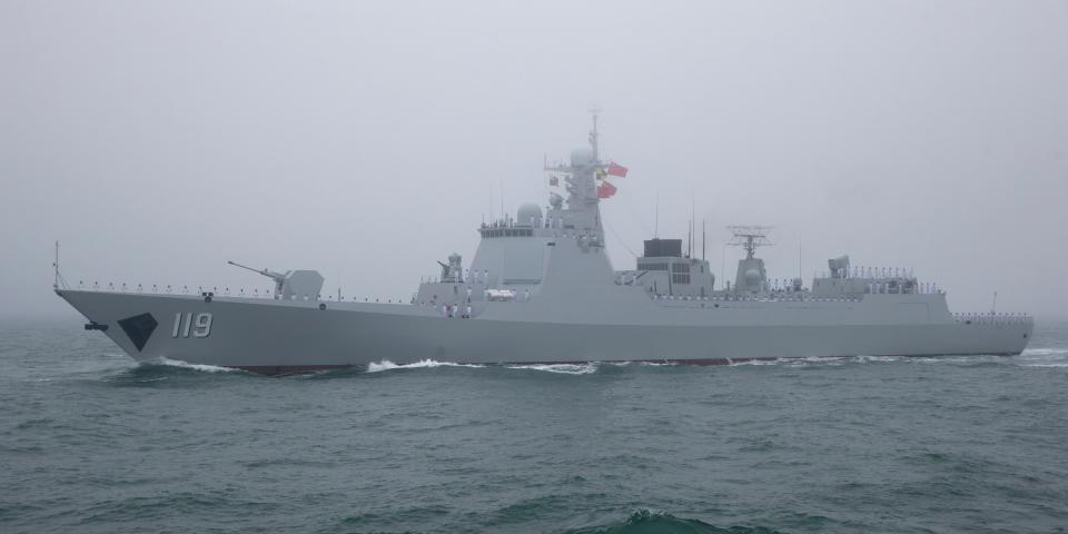 The Type 052D guided missile destroyer Guiyang participates in a naval parade to commemorate the 70th anniversary of the founding of China's PLA Navy in the sea near Qingdao, in eastern China's Shandong province on April 23, 2019.