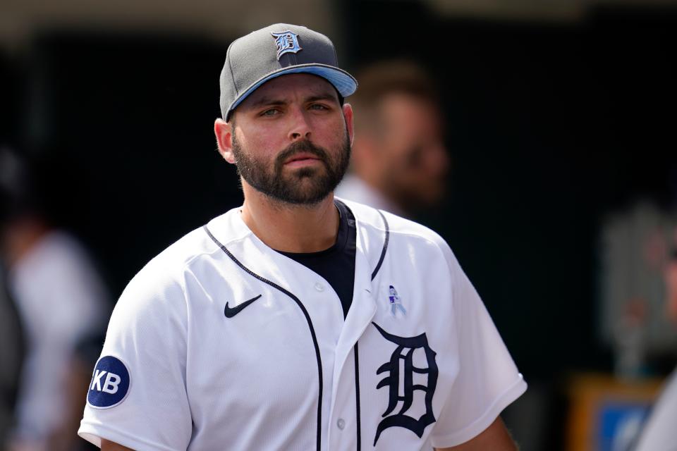 Tigers pitcher Michael Fulmer watches from the dugout in the seventh inning against the Rangers in Detroit, Sunday, June 19, 2022.