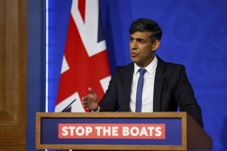 British Prime Minister Rishi Sunak speaks during a press conference at Downing Street in London, Monday, April 22, 2024. Sunak pledged Monday that the country’s first deportation flights to Rwanda could leave in 10-12 weeks as he promised to end the Parliamentary deadlock over a key policy promise before an election expected later this year. (Toby Melville/Pool Photo via AP)