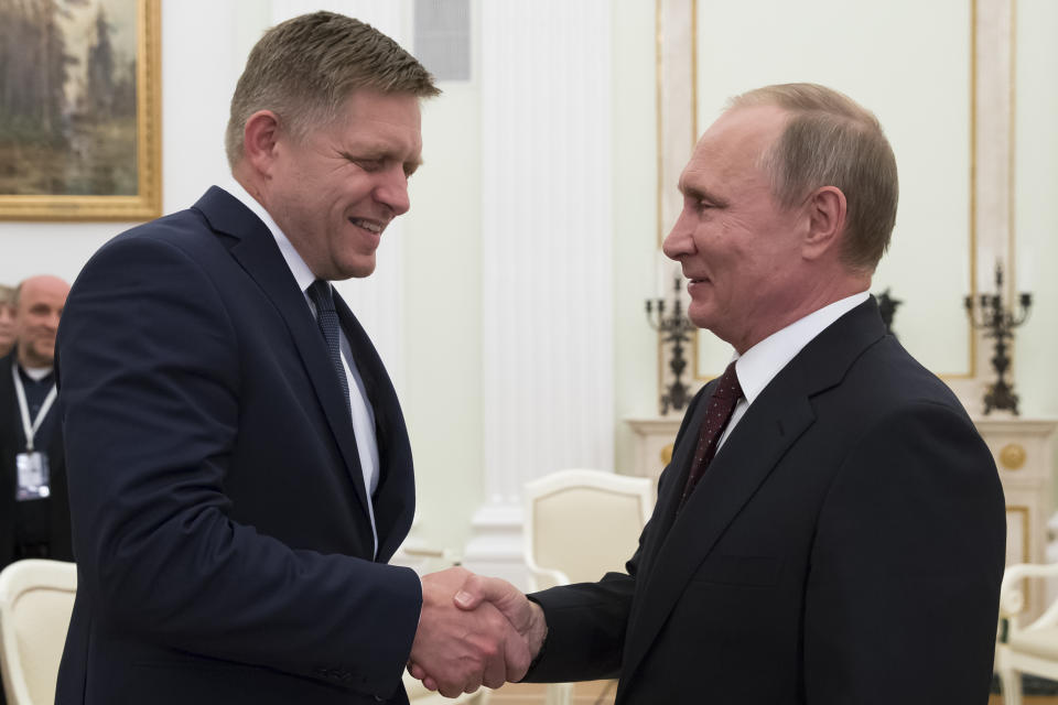 Russian President Vladimir Putin, right, shakes hands with Slovak Prime Minister Robert Fico during their meeting in the Kremlin in Moscow, Russia, Thursday, Aug. 25, 2016. Prime Minister Robert Fico returned to power in Slovakia last year. Having previously served twice as prime minister, from 2006 to 2010 and again from 2012 to 2018, the 59-year-old's third term made him the longest-serving head of government in Slovakia’s history. (AP Photo/Alexander Zemlianichenko, pool, File)