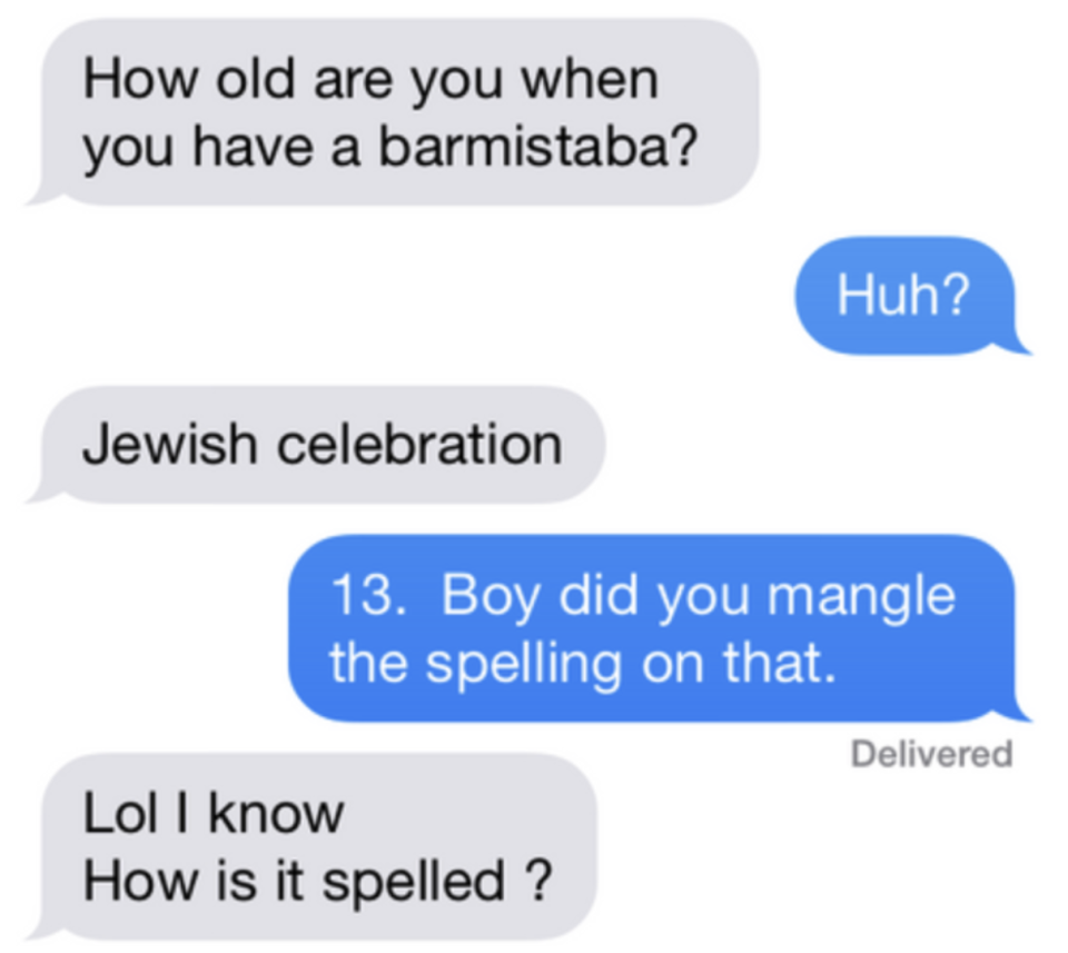 text where one person misspells bar-mitzfah as barmistaba