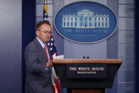 White House chief of staff Mick Mulvaney arrives to announce that the G7 will be held at Trump National Doral, Thursday, Oct. 17, 2019, in Washington. (AP Photo/Evan Vucci)