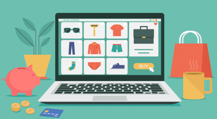 An image of a laptop showing clothes on the screen with the mouse hovering over a 'buy' button; surrounded by credit card, piggy bank, shopping bag, coffee. Best E-Commerce Stocks