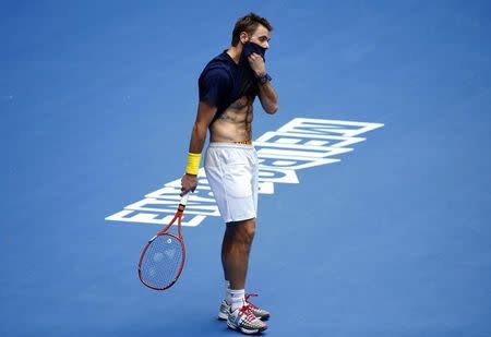 File photo of Stanislas Wawrinka of Switzerland during a training session on Rod Laver Arena at Melbourne Park January 18, 2015. REUTERS/Issei Kato