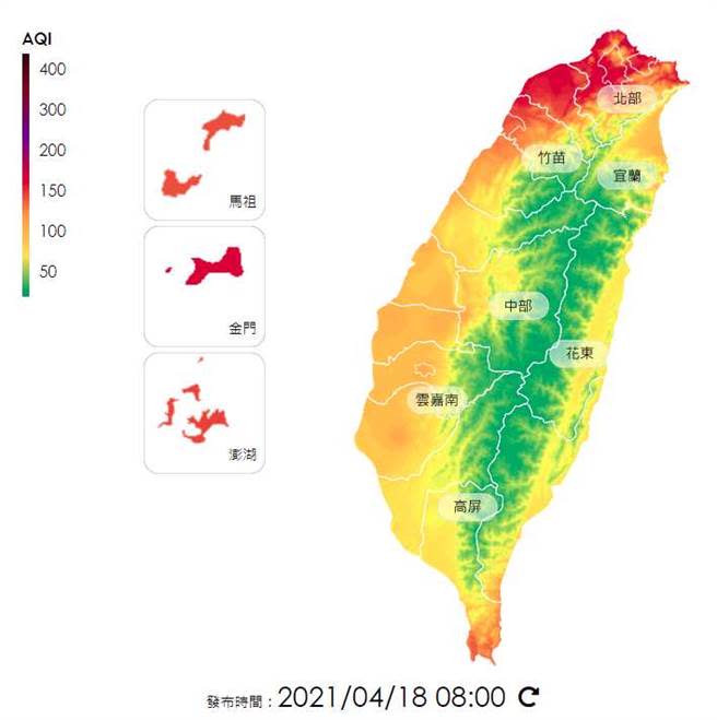 圖為今早8時全台空氣品質指標(AQI)，其中北部沙塵空污最嚴重，超過150，為紅色警示。(翻攝自 環保署空氣品質監測網)