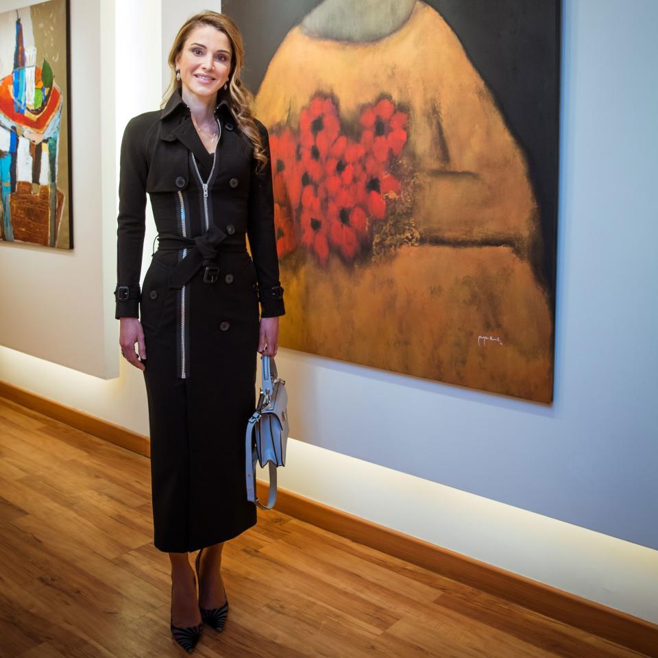 The Jordanian monarch, Queen Rania, attended an art opening in a refined yet playful take on the classic spots.