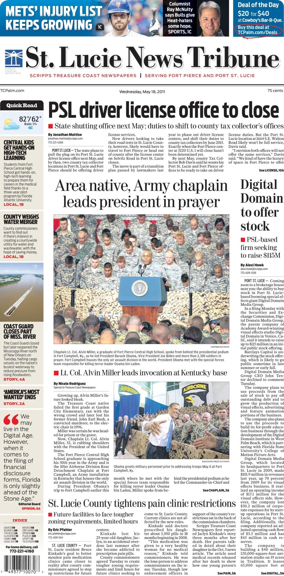 The St. Lucie News Tribune wrote about the Rev. Alvin Miller's invocation at Fort Campbell before speeches by President Barack Obama and Joe Biden in 2011.