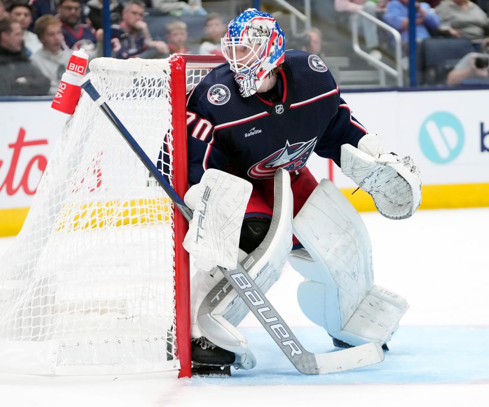 Nov 10, 2022; Columbus, Ohio, USA; Columbus Blue Jackets goaltender Joonas Korpisalo (70) watches the puck against Philadelphia Flyers during the second period of their NHL game at Nationwide Arena. 