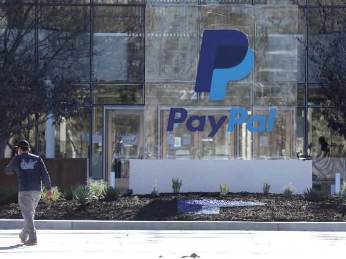 A sign is posted in front of PayPal headquarters on February 02, 2022 in San Jose, California.