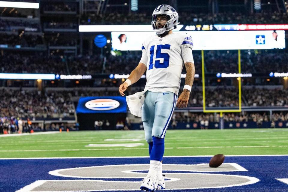 Dallas Cowboys quarterback Will Grier (15) looks at the crowd after running in for a touchdown in the second half of a preseason game against the Las Vegas Raiders at AT&T Stadium in Arlington, Texas on Saturday, Aug. 26, 2023.