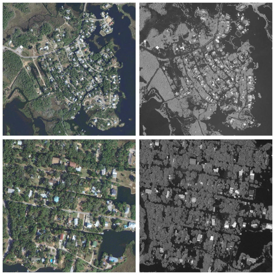 A combination picture shows satellite images of Ozello before flooding (L) on January 12, 2023 and flooding in the aftermath of Hurricane Idalia in Florida, U.S., August 30, 2023. / Credit: Maxar Technologies/Handout via REUTERS