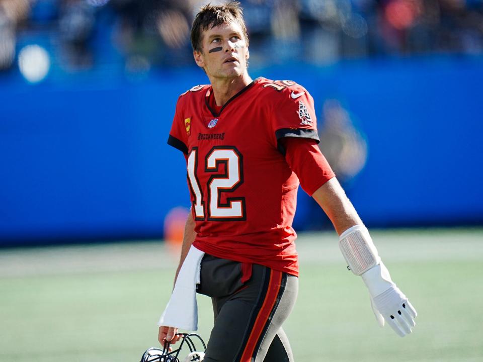 Tom Brady looks up after a play against the Carolina Panthers.