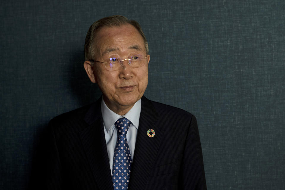 Ban Ki-moon, former UN Secretary-General, poses for a portrait in Tel Aviv, Israel, Thursday, June 22, 2023. Israel is inching toward apartheid and drifting further away from the hopes of creating a Palestinian state alongside it, Ban told The Associated Press Thursday on a visit to the region. (AP Photo/Maya Alleruzzo)