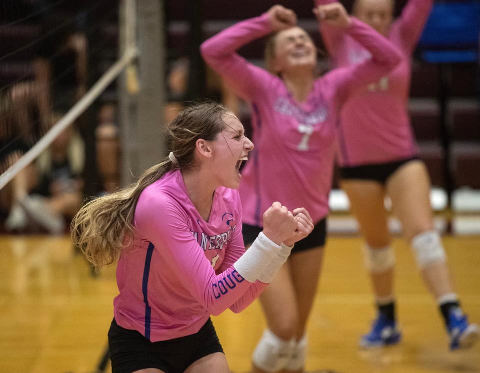 Addison Piatt and her Canterbury teammates celebrate a point against Seacrest during the Private 8 Volleyball championship game on Thursday, Sept. 14, 2023, at First Baptist Academy in Naples.