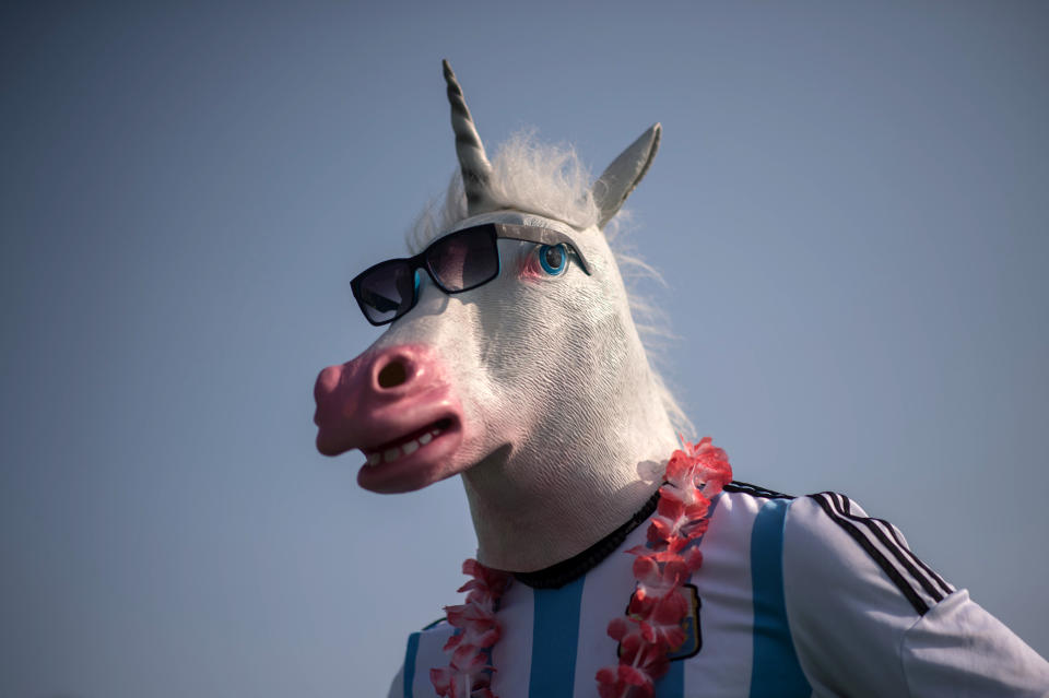 A fan of Argentina wears a horse mask at the Olympic Park during the Rio 2016 Olympic Games in Rio de Janeiro, Brazil on August 9, 2016.&nbsp;